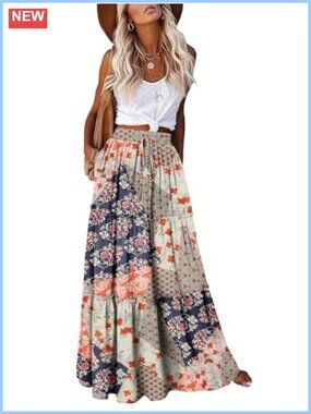 Boho Tiered Maxi Skirt High Elastic Waist Flowy Smocked Long Skirt